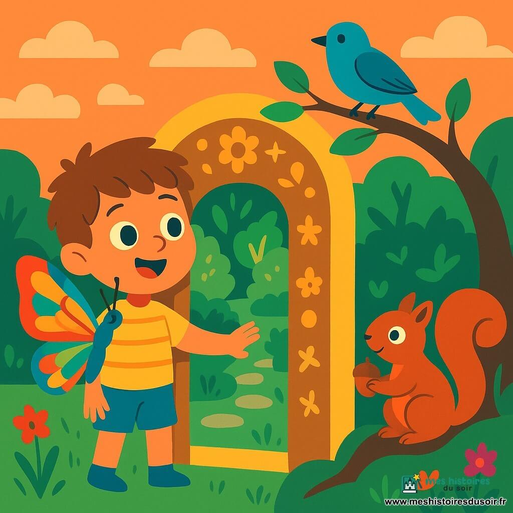 Milo, garçon de 4 ans aux yeux grands et rieurs et cheveux châtain clair en bataille, en chemise jaune à rayures et short bleu, sourit émerveillé en poussant une porte en bois doré ornée de fleurs et d'étoiles; un papillon multicolore aux ailes brillantes se pose sur son épaule comme guide, un petit écureuil roux perché sur une racine à droite tient une noisette et le regarde, un oiseau bleu chante sur une branche au-dessus; la prairie vaste d'herbe verte est parsemée de fleurs rouges et violettes, baignées d'une lumière du soir dorée et quelques nuages roses; la porte ouvre sur un jardin enchanté aux feuilles brillantes, sentiers de pierre et lueurs douces; atmosphère douce et aventureuse, couleurs contrastées et formes simples comme une affiche pour enfants.