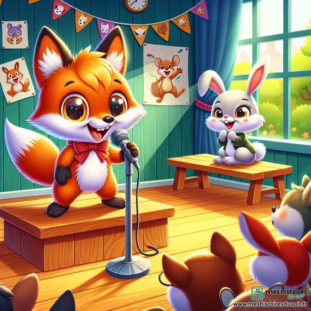 Illustration d'un petit renard à la fourrure orange et aux yeux pétillants, souriant sur une scène en bois avec un micro, prêt à raconter son histoire. À ses côtés, une lapine aux grandes oreilles et à la fourrure blanche l'encourage avec admiration, assise sur un banc. Le décor est une salle de classe colorée avec des guirlandes de papier et des dessins d'animaux. Les pupitres sont disposés en demi-cercle, baignant dans la lumière du soleil. Le renard est écouté attentivement par ses camarades, certains riant déjà. L'atmosphère est festive, avec des animaux applaudissant, des oiseaux chantant, des écureuils dansant et une tortue riant.