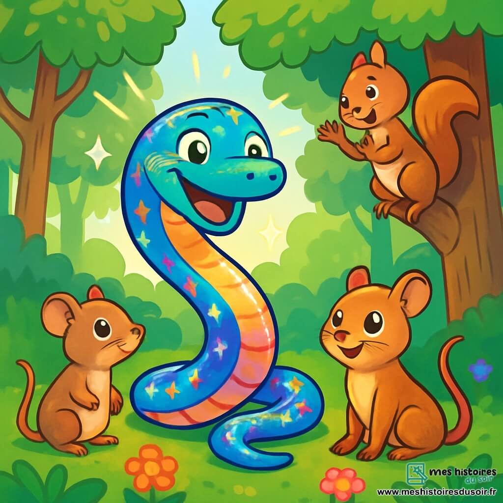 Un serpent aux écailles scintillantes, Saphir, se déplace gracieusement sur un tapis de mousse verte, avec des reflets multicolores sous le soleil. À ses côtés, une petite souris nommée Miette, au pelage brun clair et aux grands yeux curieux, l'observe avec admiration, tandis qu'un écureuil nommé Noisette grimpe à un arbre proche, prêt à applaudir leur aventure. La scène se déroule dans une forêt d’émeraude, où des arbres majestueux et des fleurs colorées créent un tableau enchanteur. Saphir et ses amis se préparent à aider un petit lapin en détresse, dans une atmosphère de camaraderie et d'aventure.