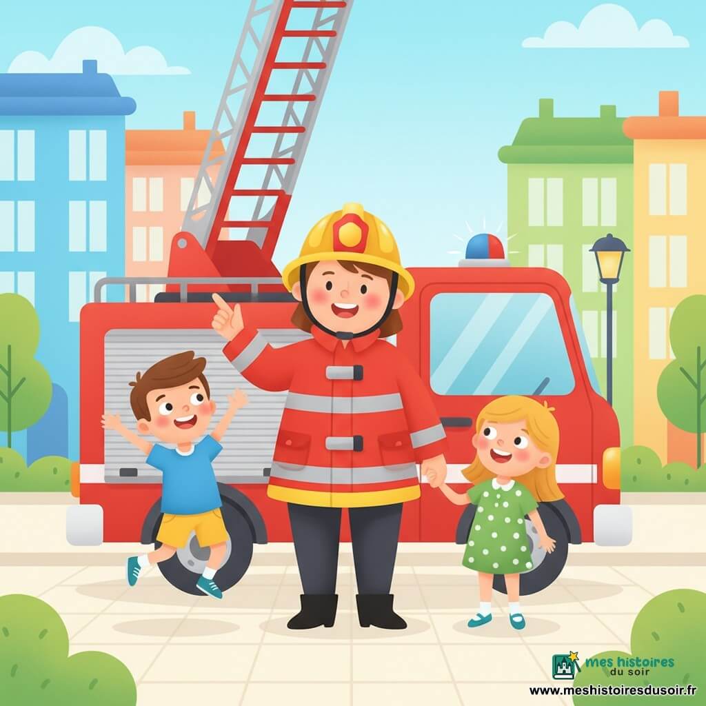Une femme pompier souriante au visage rond, casque jaune brillant et veste rouge à bandes réfléchissantes, touche un camion de pompiers rouge vif et montre une grande échelle; à sa gauche Tom, garçon d’environ 6 ans aux cheveux bruns courts, saute de joie; à sa droite Lila, fille d’environ 5 ans aux cheveux blonds mi-longs, tient la main de Tom et regarde l’échelle; rue urbaine lumineuse à sol pavé clair, immeubles colorés, lampadaire et touches de verdure; scène joyeuse, couleurs vives, formes rondes et ambiance sûre et amicale.