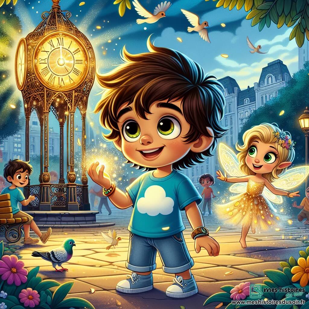 Lucas, un petit garçon de 6 ans aux cheveux châtains en désordre et aux yeux curieux, se tient au centre de la scène. Il porte un t-shirt bleu à motifs de nuages et un short en jean, souriant d'émerveillement devant une lumière dorée. À ses côtés, Lila, une petite fée aux ailes brillantes et aux cheveux dorés, vole joyeusement, habillée d'une robe en pétales de fleurs. La scène se déroule dans un parc urbain animé, avec des arbres majestueux, des fleurs colorées et une vieille horloge en fer forgé émettant une lueur dorée. Lucas et Lila tentent de réparer l'horloge magique, des éclats de lumière dorée illuminant leurs visages émerveillés, créant une atmosphère de magie et de joie.