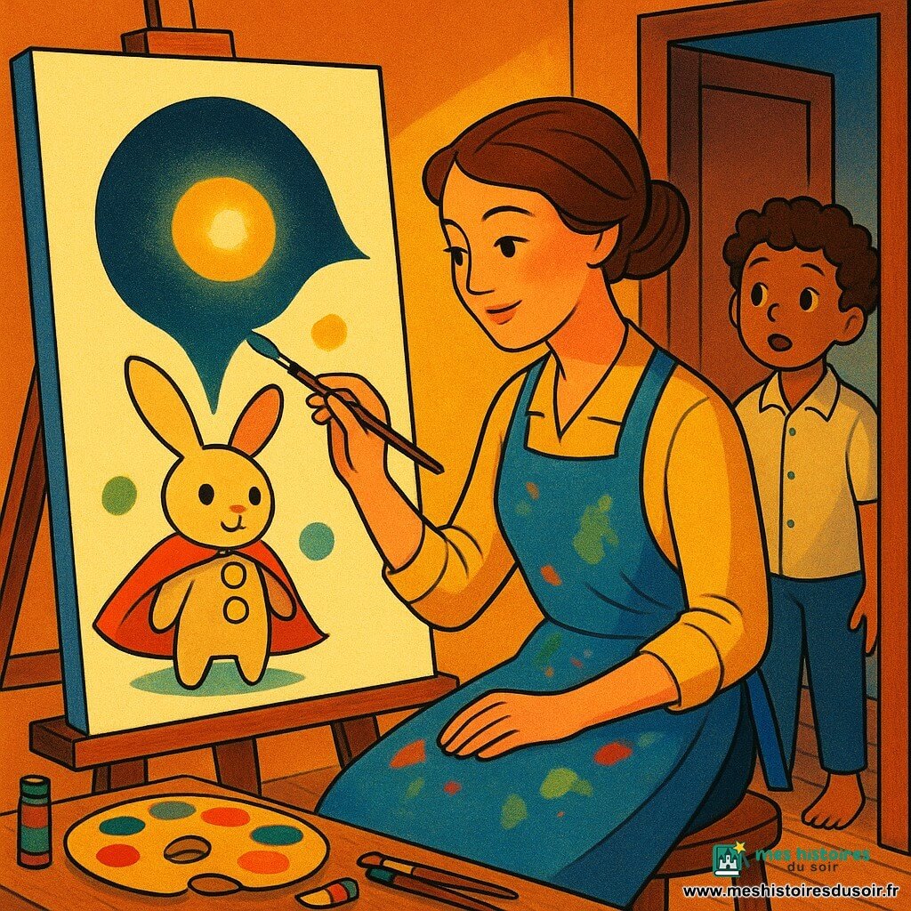 Une jeune artiste aux cheveux châtain attachés en chignon, visage doux et sourire timide, porte un tablier bleu taché de peinture et transforme au pinceau une grosse goutte sombre sur une grande feuille blanche en un œil lumineux semblable à une petite planète ; un garçon d'environ huit ans, pieds nus et chemise claire, se tient émerveillé dans l'encadrement de la porte, main posée sur le montant, observant ; sur la feuille apparaît aussi un petit lapin héros formé par taches vertes et roses, avec cape rouge et deux boutons jaunes, dessins délicats ; l'atelier est petit et chaleureux, sol en bois clair, table couverte de tubes écrasés et palette vive, pinceaux rangés, chevalet, lumière du soir dorée entrant par la fenêtre ; scène centrée sur la feuille, gros plan sur l'œil-planète et le lapin-cape, palette de couleurs vives (bleu, jaune, vert, rose, rouge), contrastes doux et lignes art déco stylisées.