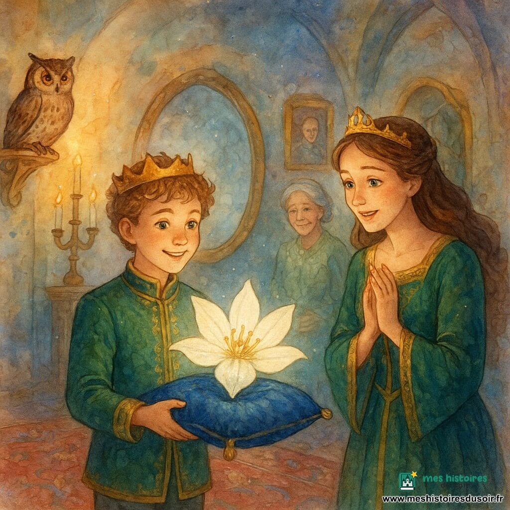 Un prince d’environ 12 ans, cheveux châtain clair bouclés, visage rond et yeux curieux, sourit en tenant délicatement une grande Fleur-de-Lune blanche nacrée posée sur un coussin de velours bleu nuit ; à sa droite une reine d’environ 35 ans en robe de velours émeraude brodée d’or, les mains jointes et émerveillée, et à l’arrière une gardienne d’environ 70 ans, cheveux argentés en chignon et robe de feuilles vert pâle, près d’une porte de branches, regard bienveillant ; une chouette adulte aux lunettes d’ambre, ailes repliées, est perchée sur une corniche dorée à gauche ; la grande salle du palais aux hauts plafonds voûtés, tapis rouges et portraits encadrés, comprend un grand miroir ovale reflétant le prince et la fleur dans une douce lueur argentée ; ambiance magique et chaleureuse, lumière de bougies et reflets lunaires, couleurs pastel avec touches aquarelle ; composition centrée sur le prince et la fleur, personnages secondaires en arc et miroir en arrière-plan.