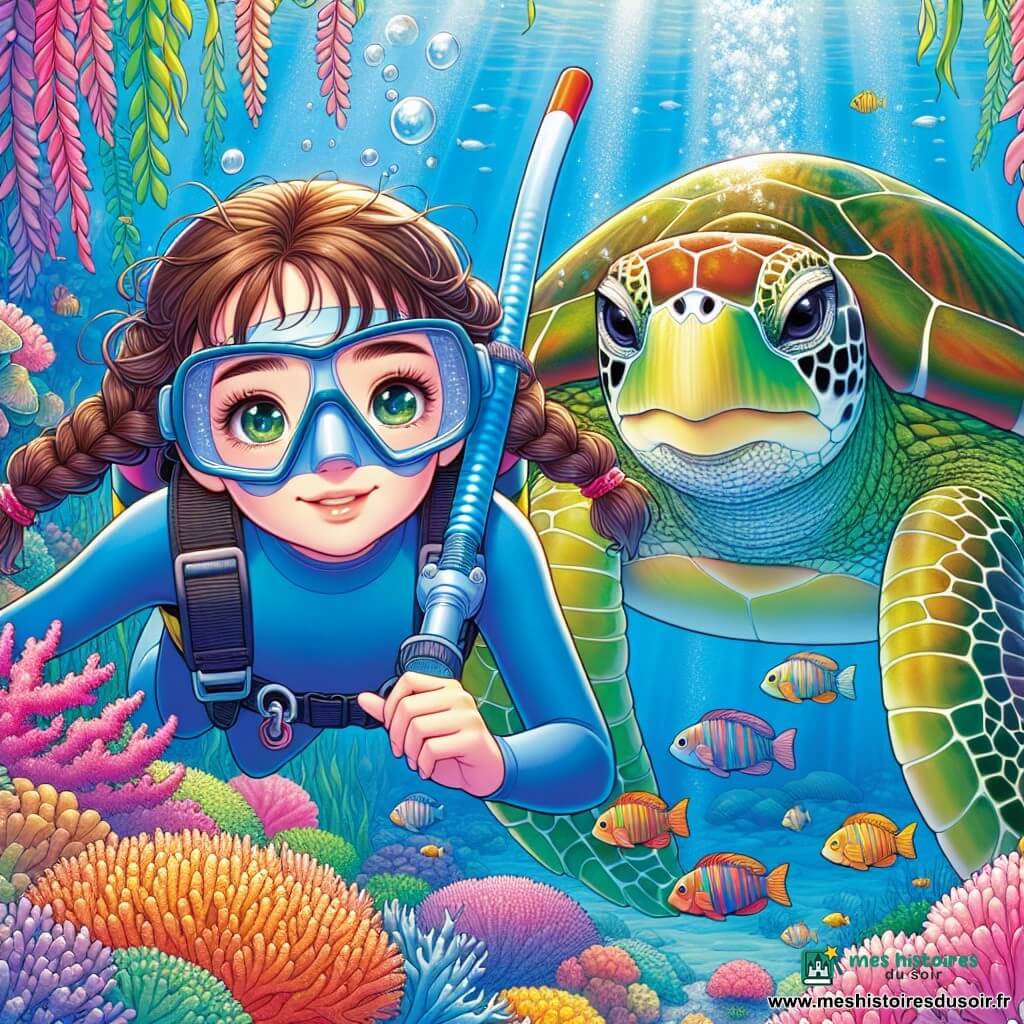 Naya, une fille de 10 ans aux cheveux bruns en tresses, porte une combinaison de plongée bleue et un masque. Elle est émerveillée en explorant les profondeurs marines, à côté d'une tortue marine majestueuse aux écailles vertes et dorées. La scène se déroule dans un récif corallien vibrant, entouré de coraux colorés et de poissons multicolores. Naya tend la main vers un rideau d'algues, prête à découvrir une grotte murmurante.