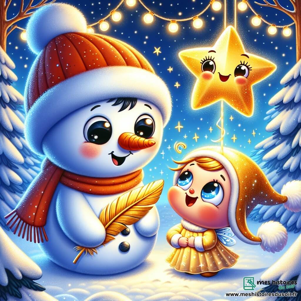 Flocon, un bonhomme de neige joyeux avec un nez en carotte et un chapeau rouge, tient une plume dorée pour surprendre son amie Luminette, une étoile scintillante qui brille de bonheur. La scène se déroule dans une forêt enchantée, recouverte de neige et décorée de guirlandes lumineuses, créant une atmosphère magique. Flocon s'apprête à offrir la plume à Luminette, émerveillée par la beauté hivernale et l'esprit de Noël.