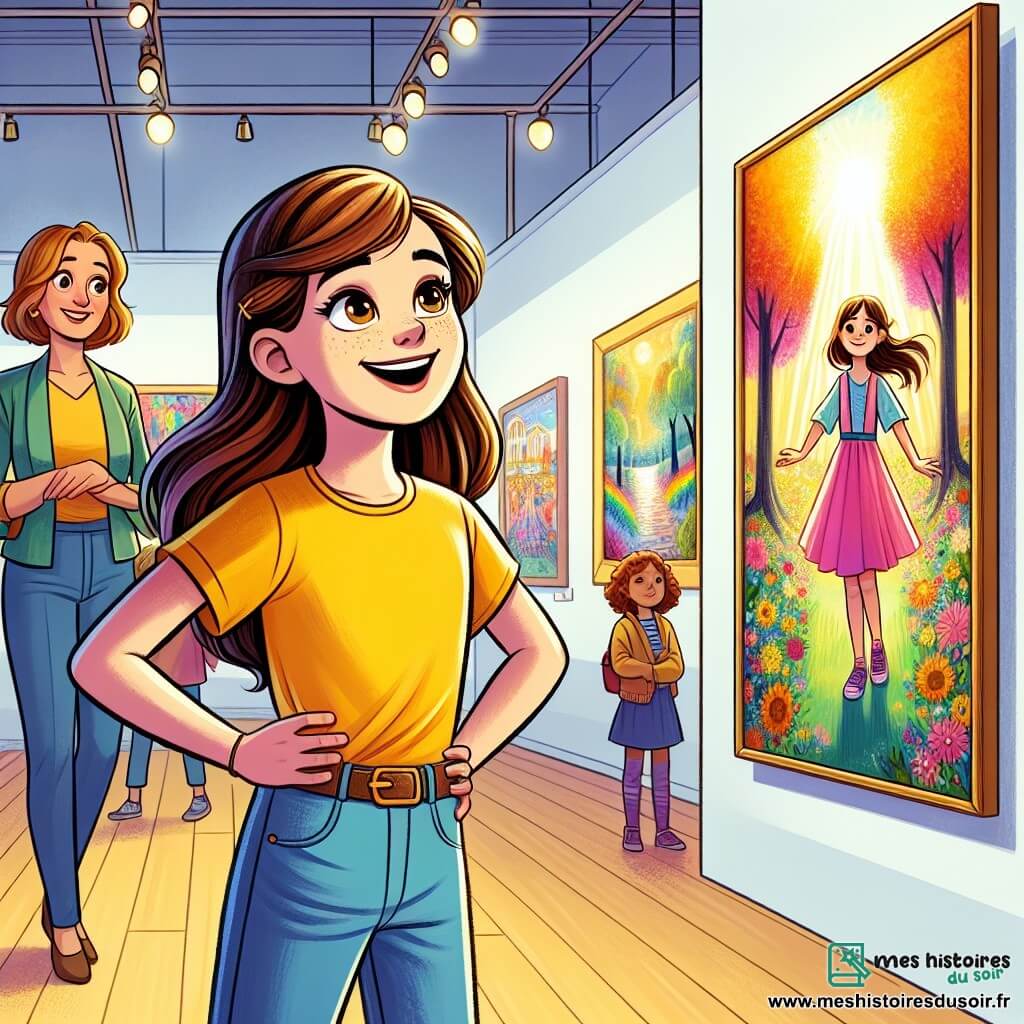 Une fille de 12 ans, Lisa, aux longs cheveux bruns et aux yeux pétillants, se tient devant un tableau coloré. Elle porte un t-shirt jaune vif et un pantalon en jean, son visage rayonnant d'excitation. À côté d'elle, sa mère, une femme d'environ 35 ans aux cheveux châtains, l'encourage avec un sourire admiratif, vêtue d'une robe bleue. L'endroit est une galerie d'art lumineuse avec des murs blancs et des œuvres exposées. Lisa, les mains sur les hanches, admire son tableau représentant une forêt ensoleillée, ressentant fierté et joie, entourée du soutien de sa mère, tandis que d'autres visiteurs admirent son œuvre.