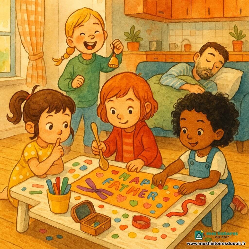 Cinq personnages dans une cuisine-salon cosy : quatre filles de 5 ans — Lila aux couettes brunes en robe jaune à pois chuchotant à gauche, Mina aux boucles noires en salopette bleue collant des gommettes à droite, Zoé blonde en tresse et pull vert debout derrière la table qui rit en secouant une clochette, Jade rousse au centre tenant une cuillère en bois comme une baguette — préparent en chuchotant une surprise de fête des pères autour d’une grande feuille colorée, gommettes, rubans et boîte à trésors au centre d’une table basse blanche ; le papa, ~35 ans, barbe de trois jours en pyjama rayé, dort paisiblement sur un canapé à l’arrière-plan, couvert jusqu’aux genoux. Lieu chaleureux, sol en bois clair, lumière douce du matin, traits encre visibles et textures papier/tissu détaillées.