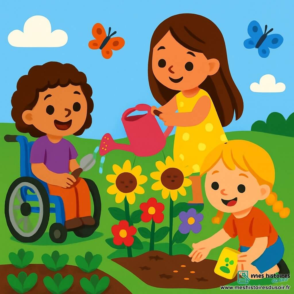 Trois personnages sont présents : Lila, une fille de 8 ans dans un fauteuil roulant bleu, souriante et tenant une petite pelle ; Mia, 7 ans, debout avec de longs cheveux bruns, arrosant des fleurs avec un arrosoir rose ; et Clara, 6 ans, accroupie avec des cheveux blonds en tresses, prête à planter des graines. L'action se déroule dans un jardin d'école ensoleillé, rempli de fleurs colorées et de légumes bien rangés. Les trois amies créent un jardin magique, Lila plante des graines, Mia arrose les fleurs, et Clara prépare d'autres semences, tout en s'amusant ensemble dans la nature.