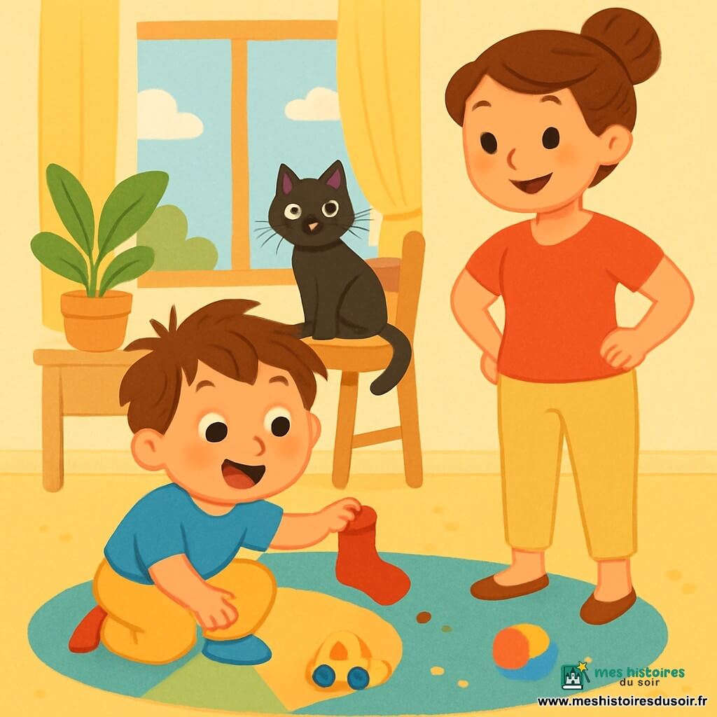 Léo, un petit garçon de 2 ans aux cheveux bruns en désordre et aux yeux curieux, est accroupi sur un tapis coloré, souriant en cherchant sa chaussette rouge. Sa maman, une femme d'environ 30 ans avec des cheveux châtains en chignon, l'encourage avec bienveillance. Minou, un petit chat noir aux yeux verts, observe Léo de sa chaise, prêt à jouer. La scène se déroule dans un salon lumineux aux murs pastel, avec des jouets éparpillés et la lumière du soleil qui illumine la pièce. Léo, entouré de miettes et d'indices, est enthousiaste dans sa quête.