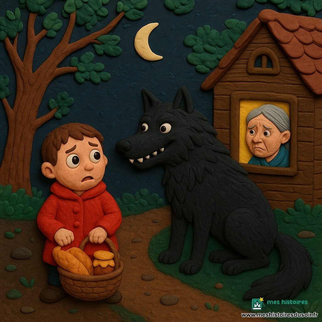 Un garçon de 4 ans, anxieux mais curieux, yeux ronds, sourcils froncés, lèvres tremblantes, porte un petit manteau rouge vif à texture de pâte à modeler et tient un panier avec du pain et un pot de miel; une grand-mère d’environ 70 ans, inquiète, cheveux gris en chignon et rides douces, regarde depuis la fenêtre jaune de sa petite maison en bois à droite; un grand loup noir au pelage sombre en couches texturées, dents blanches nettes et sourire un peu menaçant, bloque le chemin face au garçon avec son ombre allongée; la scène se passe la nuit sur un sentier forestier avec arbres aux troncs torsadés couleur terre cuite, feuilles en petits morceaux verts, sol brun avec empreintes et petites pierres rondes, maison en bois à gauche et fenêtre jaune chaude; situation principale : confrontation visuelle centrée entre le garçon avançant doucement et le loup bloquant le chemin, forts contrastes rouge/noir, textures pâte à modeler visibles, couleurs vives et formes simples adaptées aux enfants de 4 ans.