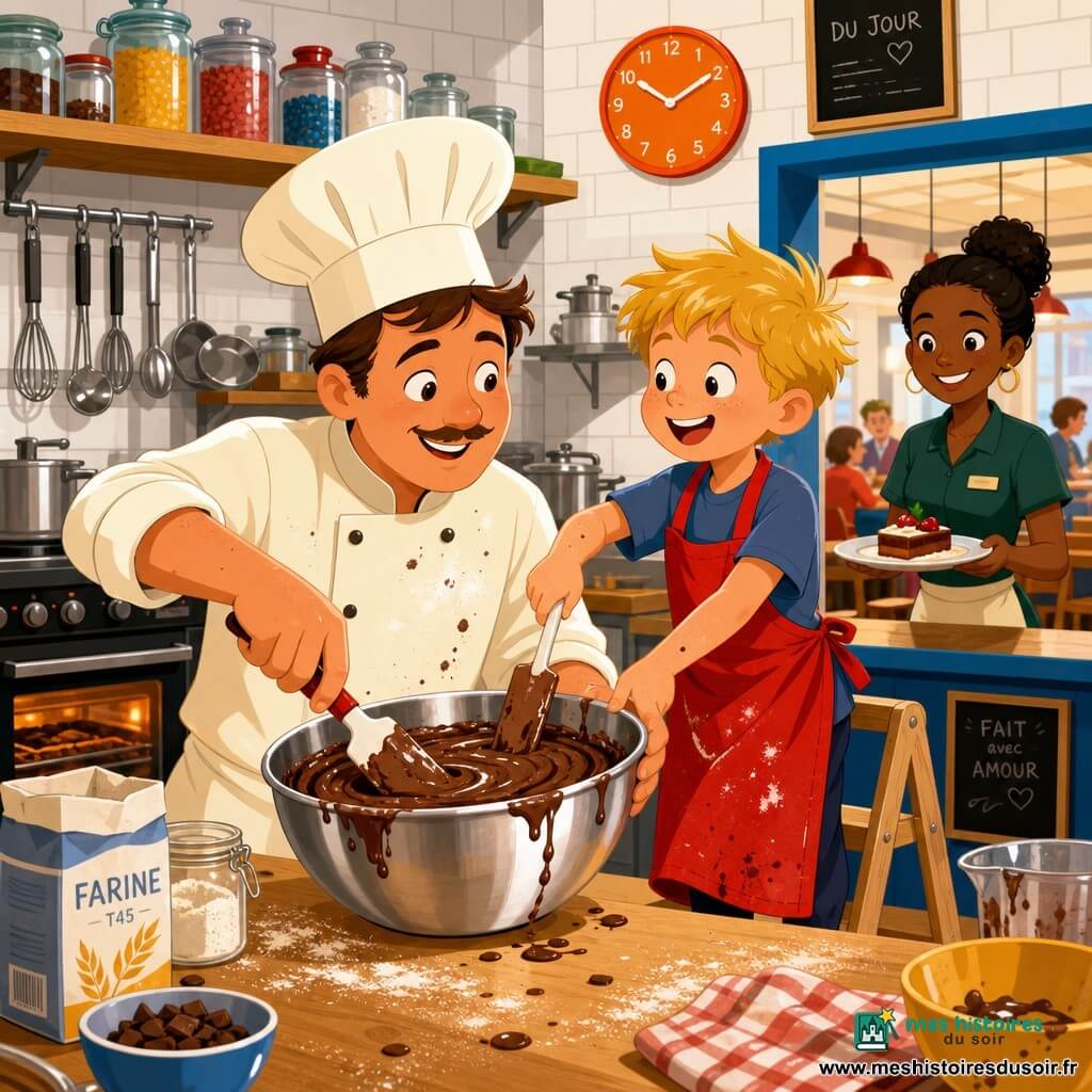 Un chef souriant à la toque blanche et veste crème farinée lisse une pâte au-dessus d’un grand saladier en métal pendant qu’un garçon de 9 ans, cheveux blonds en bataille et tablier rouge trop grand, sur un escabeau mélange avec admiration ; en arrière-plan une serveuse en uniforme vert apporte une assiette près de la passe, la cuisine lumineuse et ordonnée présente plans de travail en bois clair, murs carrelés, étagères avec bocaux et ustensiles suspendus, four allumé et horloge orange, ambiance chaleureuse aux couleurs vives, geste complice focalisé sur les mains avec éclats de farine et gouttes de chocolat.