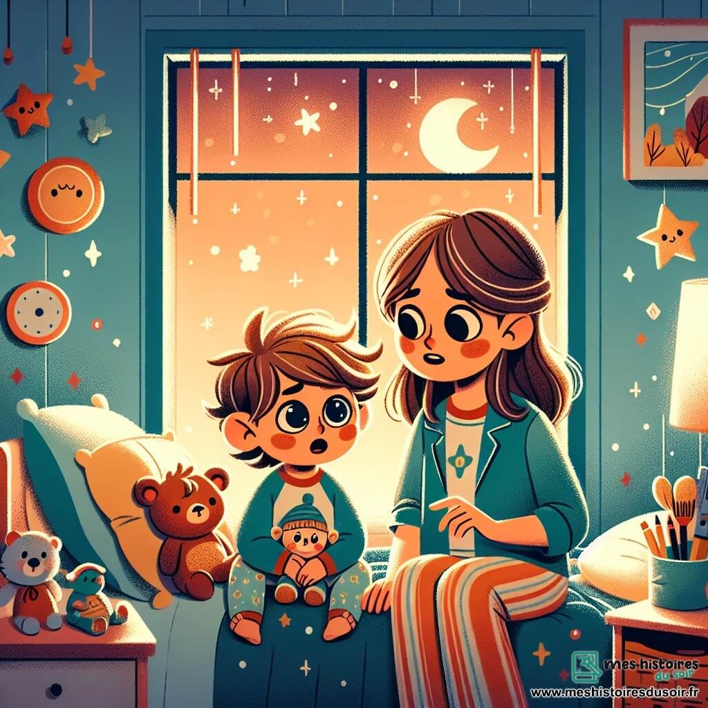 Maxime, un petit garçon de 2 ans aux grands yeux brillants et cheveux châtains en bataille, est assis sur son lit, entouré de peluches, avec une expression d'inquiétude en regardant le plafond sombre. Sa maman, une femme douce d'environ 30 ans aux cheveux longs et bruns, est à ses côtés, lui tenant la main avec un sourire réconfortant. Elle porte un pyjama coloré et lui montre les étoiles à travers la fenêtre. La chambre est chaleureuse, avec des murs bleu clair, des stickers d'étoiles et une lumière tamisée. Maxime, un peu effrayé par l'obscurité, écoute sa maman parler des étoiles, tandis qu'une douce lumière de lune éclaire la pièce.