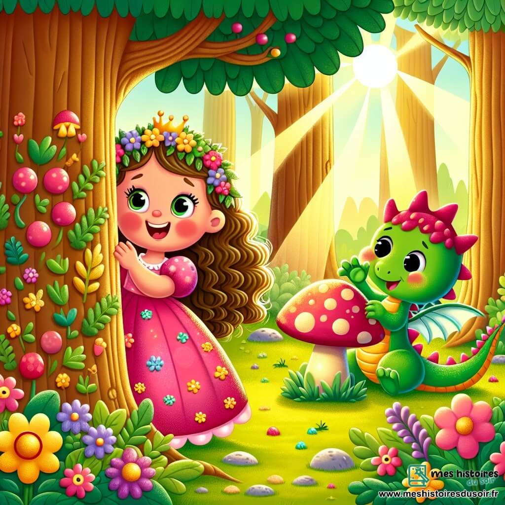 Une petite princesse, Lila, souriante et pleine d'énergie, avec de longs cheveux bouclés et une robe rose parsemée de fleurs colorées, se cache derrière un grand champignon rouge, ses yeux pétillants de malice. À côté d'elle, un petit dragon vert, avec des écailles brillantes et des ailes translucides, cherche sa nouvelle amie, curieux et enjoué. La scène se déroule dans une forêt enchantée, où de grands arbres aux troncs dorés s'élèvent vers le ciel, et des fleurs multicolores dansent sous la douce brise. Des rayons de soleil illuminent le sol tapissé de mousse verte. Lila et le dragon jouent à cache-cache, riant ensemble, tandis que le dragon s'exclame joyeusement : "Où est Lila ?".