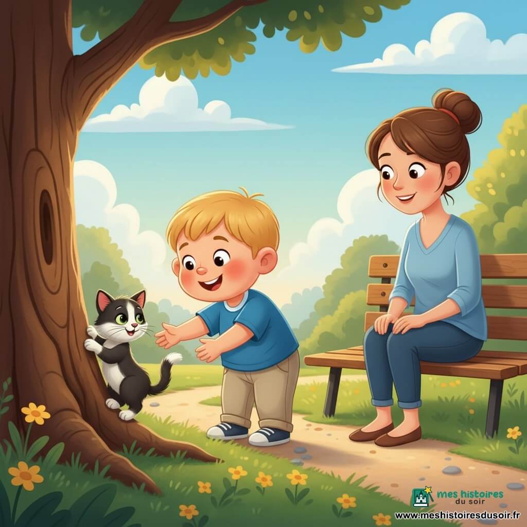 Un garçon de 2 ans aux cheveux blonds courts et joues rosées, vêtu d'un t-shirt bleu et d'un pantalon beige, tend la main pour caresser un chat noir et blanc aux yeux verts qui se frotte contre un tronc d'arbre; la mère d'environ 30 ans, cheveux bruns en chignon et sourire doux, est assise sur un banc à droite, le regard bienveillant. Scène dans un parc lumineux aux herbes vertes, fleurs jaunes, grand arbre et sentier de gravier, lumière chaude de fin d'après-midi; ambiance tendre, couleurs vives et style enfantin.