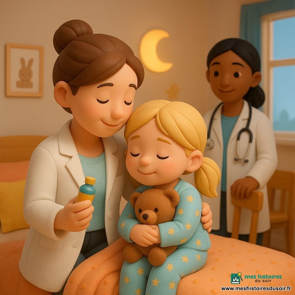 Une chambre petite et chaleureuse en couleurs pastel montre Lili, une fillette d'environ 6 ans aux cheveux blonds en couettes et pyjama à étoiles, assise sur le lit serrant une peluche, le visage un peu rougi mais soulagé, tandis que sa maman médecin, visage doux et souriant, cheveux bruns en chignon et blouse blanche, la serre tendrement après lui avoir donné un médicament (petite seringue jouet ou flacon coloré) ; près de la porte, la médecin de garde sourit, stéthoscope au cou et mains posées calmement sur le dossier d'une chaise, la pièce éclairée d'une veilleuse lune jaune douce, avec couvertures et coussins colorés, dessin d'animaux au mur et fenêtre sur un ciel bleu clair, le tout dans un style jouet 3D mignon, cosy et rassurant.
