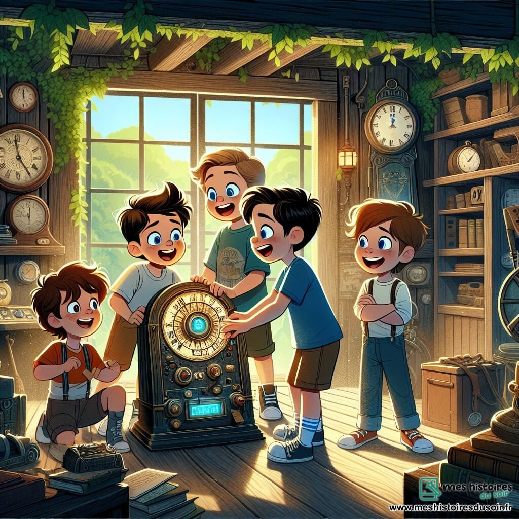 Dans une vieille cabane en bois, quatre garçons de huit ans, Lucas, Max, Hugo et Léo, sont réunis autour d'une machine à voyager dans le temps. Lucas, émerveillé, regarde la machine, tandis que Max rit en s'apprêtant à appuyer sur un bouton. Hugo observe le panneau de contrôle avec curiosité, et Léo, confiant, se tient en retrait, les bras croisés. La cabane est entourée de lierre et remplie d'horloges anciennes et de livres poussiéreux, créant une atmosphère magique. Ils s'apprêtent à activer la machine, une lumière éclatante les enveloppe, annonçant le début de leur aventure à travers le temps.