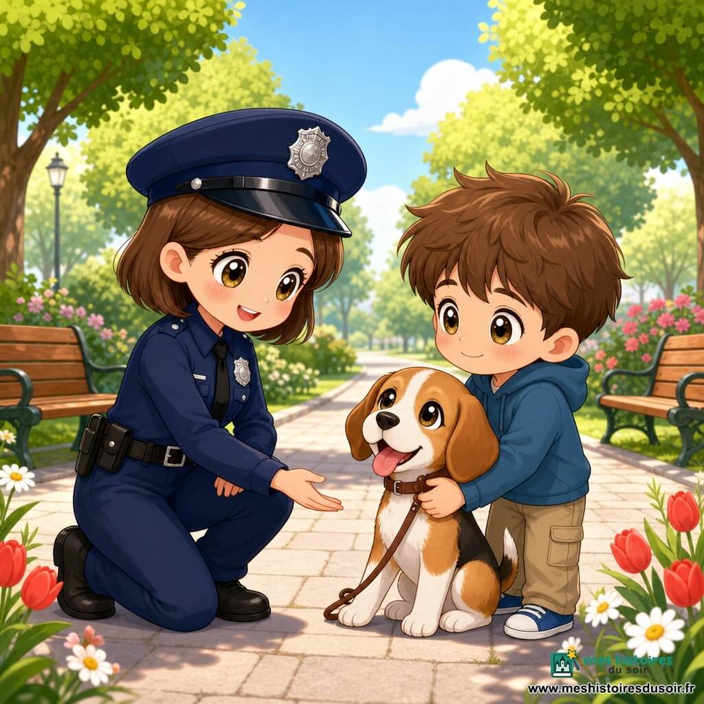 Policière souriante et rassurante, visage rond, grands yeux noisette, cheveux courts châtain, uniforme bleu marine propre avec casquette et insigne, agenouillée et tendant la main vers un chiot ; garçon de 8 ans, petit, cheveux bruns en bataille, yeux pleins d'espoir, tenant la laisse et serrant un petit beagle tricolore assis entre eux ; parc en arrière-plan avec allée pavée, pelouse, arbres, bancs et fleurs, lumière douce de fin de matinée, ambiance chaleureuse et sûre, style chibi kawaii aux traits enfantins et couleurs pastel.