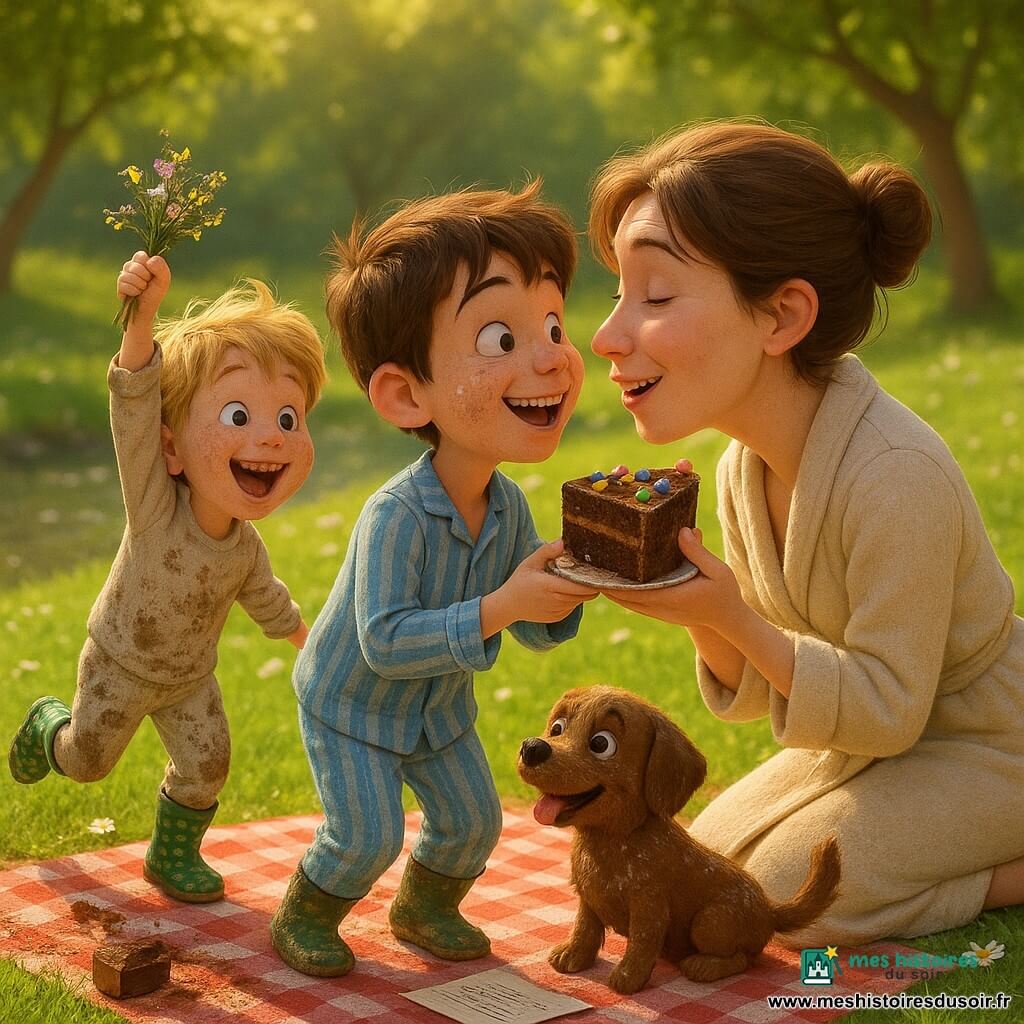 Un garçon de 10 ans malicieux au visage rond et taches de farine, cheveux bruns en bataille, en pyjama rayé bleu clair tenant une part de gâteau décorée de smarties et souriant à sa mère; son petit frère de 6 ans, joyeux et boueux, cheveux blonds, bottes à pois, trace de terre sur le pyjama, saute en agitant un petit bouquet sauvage; la mère d’environ 35 ans, cheveux châtains en chignon désordonné et peignoir léger, s’agenouille pour les embrasser en riant, un peu surprise; un petit chien brun couvert de farine et de cacao remue la queue près d’une nappe à carreaux rouge et blanc; lieu : berge de jardin ensoleillée au bord d’un ruisseau, herbe verte parsemée de pâquerettes, branches filtrant la lumière, gâteau un peu écrasé, boîte de cacao renversée et poème plié sur la nappe — pique-nique improvisé pour la fête des mères, ambiance chaleureuse et désordre affectueux, style 3D doux avec textures nettes et palette printanière joyeuse.