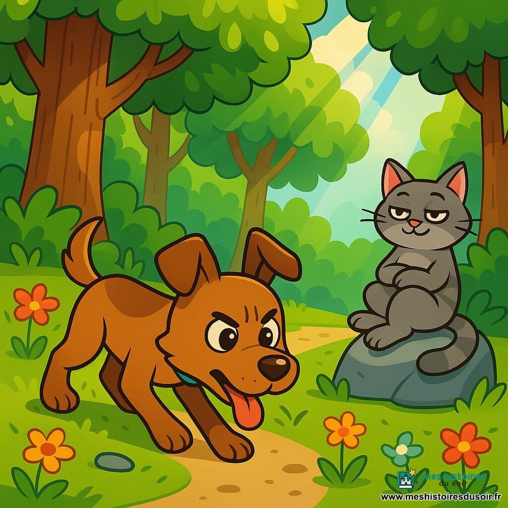 Un chien nommé Tobby, avec un pelage brun et des yeux curieux, se tient au milieu d'une forêt verdoyante. Il a l'air déterminé et fatigué, cherchant de la nourriture. À ses côtés, un chat gris, assis sur une pierre, l'observe paresseusement. La forêt est dense, avec des arbres majestueux, des fleurs colorées et des rayons de soleil. Tobby renifle le sol en espérant trouver quelque chose à manger, tandis que le chat se prélasse au soleil. La scène évoque une atmosphère d'aventure et de camaraderie, avec la détermination de Tobby dans sa quête.