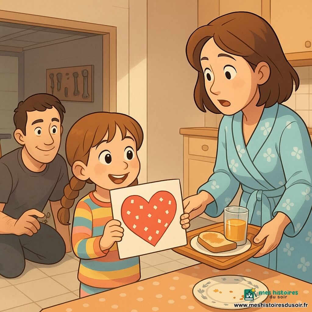 Une fillette d'environ 8 ans, heureuse et timide, cheveux châtain clair en deux nattes et pyjama à rayures, tend un grand dessin en forme de cœur décoré de petits carrés blancs comme du sucre dans une cuisine lumineuse aux couleurs chaudes; la mère, visage doux et surpris, cheveux mi-longs châtain, penchée pour recevoir le dessin, tient un plateau avec des tartines et un verre de jus d'orange, tandis que le père, environ 40 ans, cheveux courts bruns et chemise légèrement tachée, est accroupi près d'un vélo dans le garage entrouvert visible depuis la porte et tient une petite vis brillante; table en bois avec nappe à pois, miettes et petite tache de confiture, lumière douce du matin, ambiance de fête intime en tonalités pastel et ombres douces.