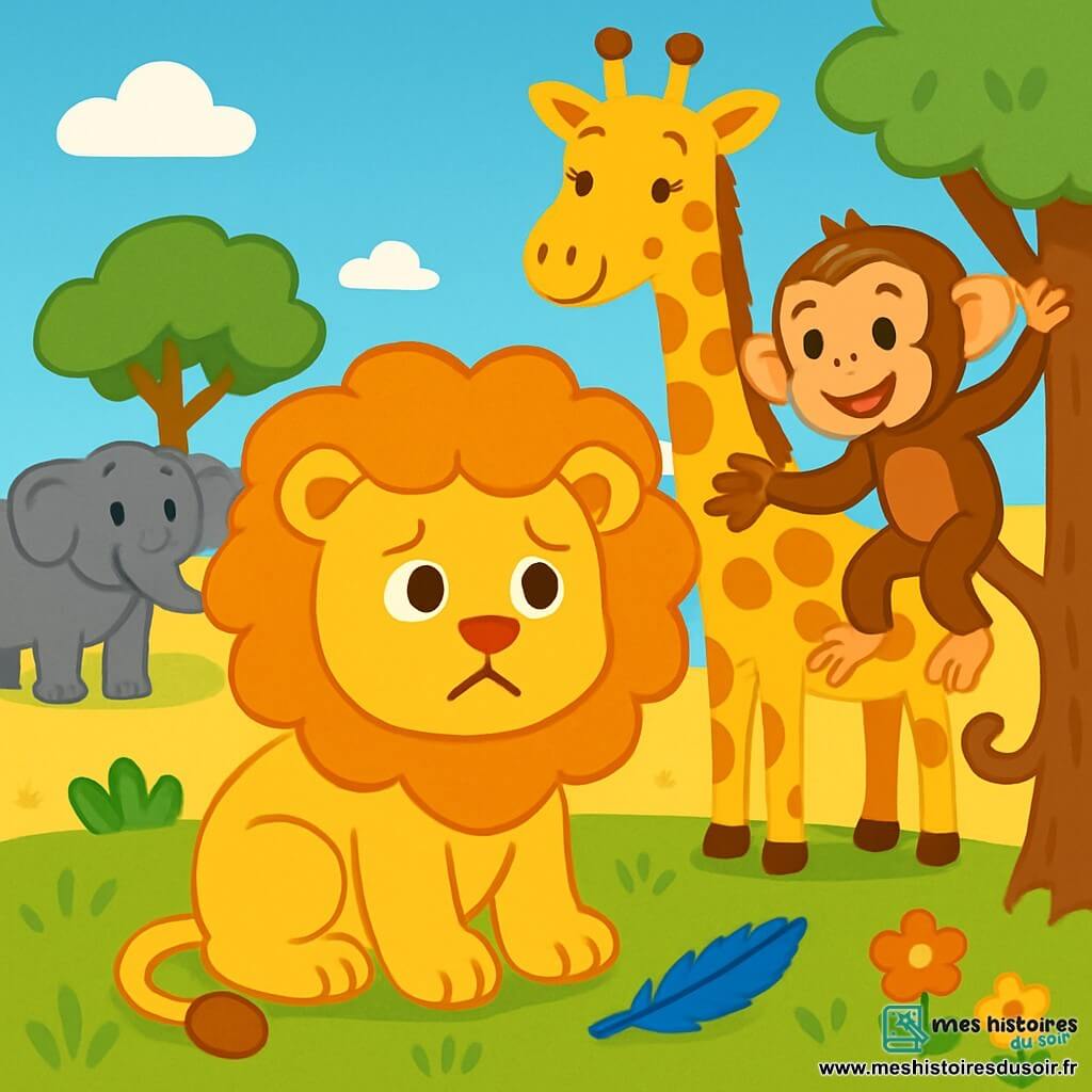 Léo, un lion majestueux à la crinière dorée, regarde autour de lui avec inquiétude, assis dans l'herbe. À ses côtés, un singe espiègle grimpe sur une branche, prêt à l'aider. Non loin, une girafe élégante observe la scène, tandis qu'un éléphant imposant se tient à l'arrière-plan, souriant. La scène se déroule dans une savane dorée, sous un ciel bleu éclatant. Léo cherche sa plume bleue perdue, soutenu par ses amis.