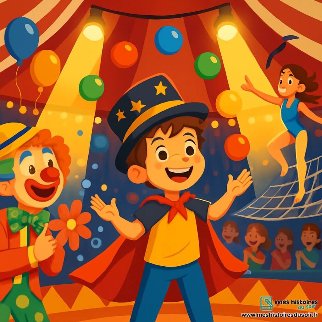Un garçon de 8 ans, Maxime, avec des cheveux châtains en bataille et un grand sourire, se tient au centre de la scène, jonglant avec des balles multicolores sous les projecteurs. À sa droite, un clown joyeux avec un nez rouge rit en applaudissant, tenant une fleur en plastique qui gicle de l'eau. À gauche, une acrobate de 10 ans, avec des cheveux longs et un costume scintillant, se prépare à faire un saut. La scène se déroule sous un chapiteau de cirque rayé, rempli de lumières et de spectateurs émerveillés. Maxime jongle avec énergie, envoyant des bulles de savon, tandis que le public rit et l'encourage.
