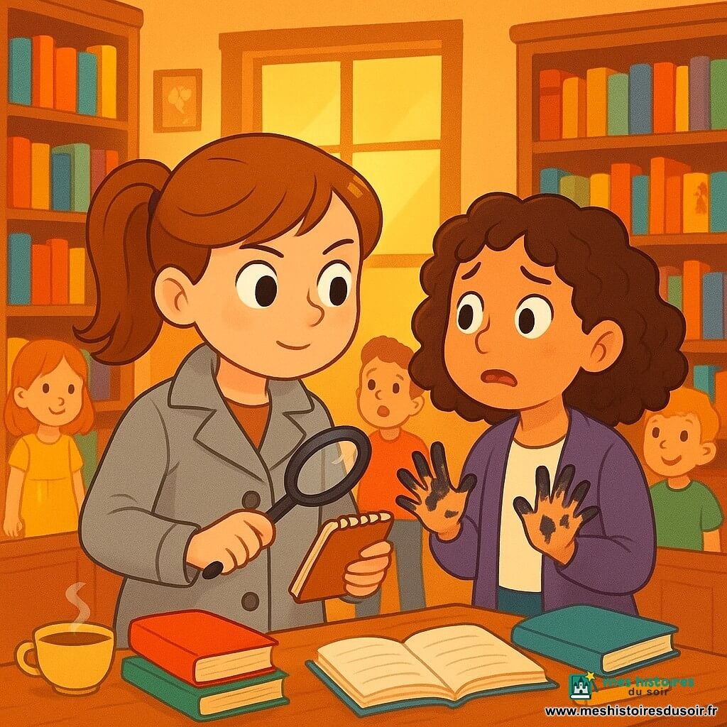 Camille, une jeune détective de 10 ans, se tient au centre d'une bibliothèque lumineuse, son visage déterminé. Elle porte un manteau gris clair, une loupe dans une main et un carnet dans l'autre, ses cheveux châtains en queue de cheval. Ses yeux brillent d'excitation en examinant une table en bois pleine de livres et de tasses de tisane. À côté d'elle, Lila, 9 ans, a les mains pleines d'encre et regarde Camille avec admiration et embarras. Elle porte une blouse de bibliothèque, ses cheveux bouclés tombent sur ses épaules, et elle semble nerveuse. En arrière-plan, la bibliothèque est remplie de grandes étagères en bois avec des livres colorés et des fenêtres laissant entrer une lumière dorée. Des affiches de contes de fées décorent les murs. Camille interroge Lila sur un carnet bleu disparu, avec des indices autour d'elles. Des enfants curieux se rassemblent, écoutant attentivement le mystère de la disparition.