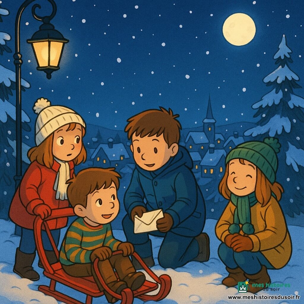 Quatre enfants au sommet d'une colline enneigée la nuit : Lucie (environ 8 ans, manteau rouge, bonnet blanc) tire une luge rouge, Margot (≈8 ans, écharpe verte, veste moutarde) est accroupie en souriant, Théo (≈9 ans, parka bleue) est à genoux montrant une petite enveloppe blanche trouvée dans la neige et Paul (≈7 ans, pull rayé) est assis à l'arrière de la luge, émerveillé ; pins enneigés et toits de village aux fenêtres éclairées en arrière-plan, lampadaire ancien diffusant une lueur jaune, ciel étoilé et lune ronde, flocons visibles, ambiance de Noël paisible avec contrastes froids et accents chauds, visages et vêtements clairement visibles.