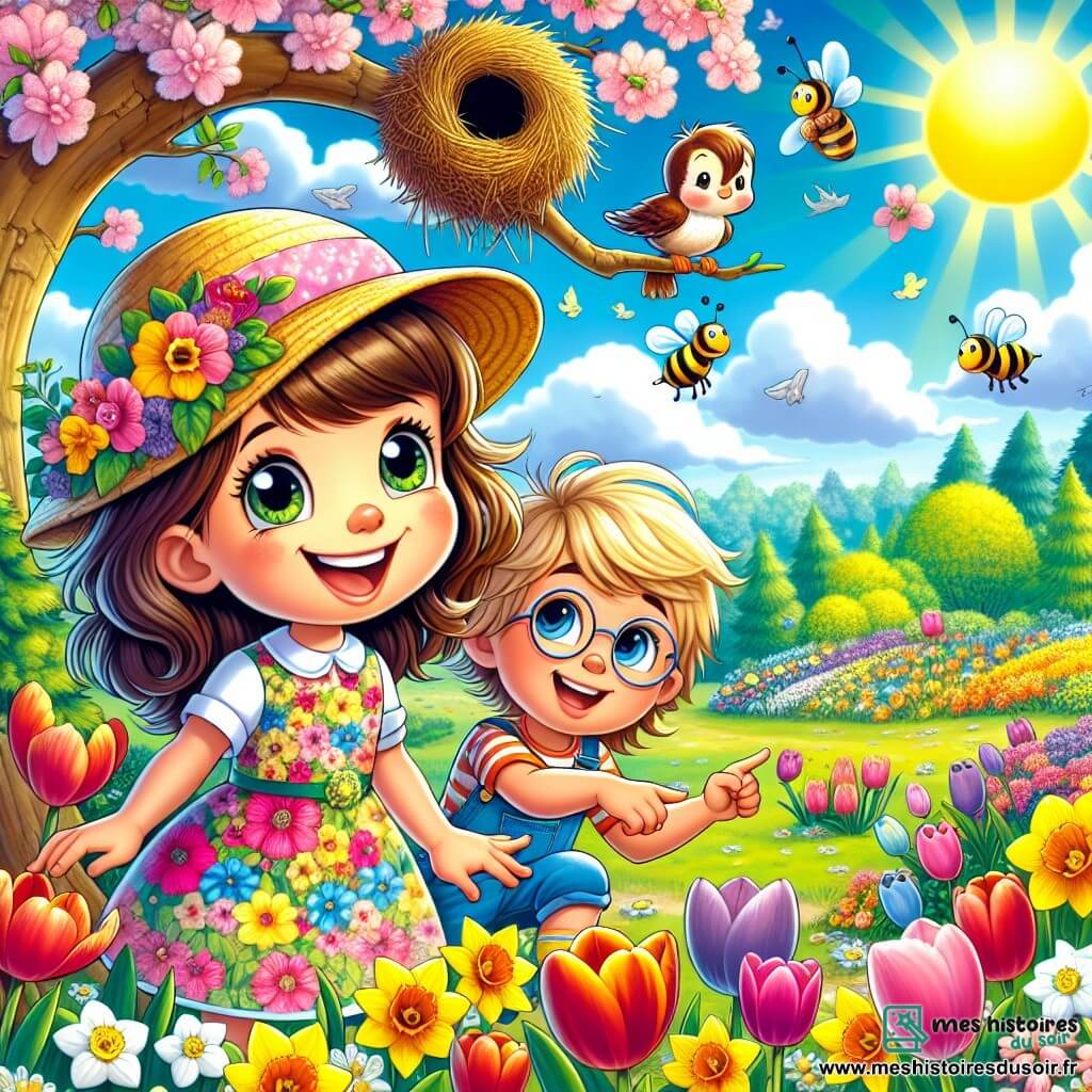 Léa, une petite fille de 8 ans aux longs cheveux bruns et aux yeux curieux, se tient au centre de l'image, souriante en observant un nid d'oiseaux dans un arbre. À côté d'elle, Tom, son meilleur ami aux cheveux blonds et lunettes rondes, pointe le nid avec un grand sourire, tandis que Clara, une fille aux cheveux bouclés et à la robe rose, s'accroupit pour regarder des abeilles butinant des fleurs. Le parc verdoyant au printemps est rempli d'arbres en fleurs, de tulipes et de jonquilles, sous un ciel bleu avec des nuages blancs. La scène est illuminée par le soleil et dégage une atmosphère joyeuse, montrant les enfants émerveillés par la beauté de la nature.