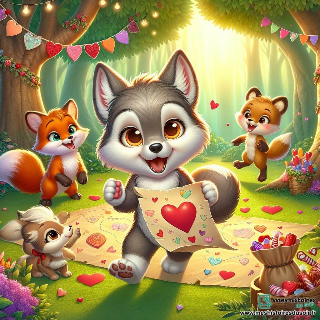 Petit Loup, un jeune loup au pelage doux, se tient au centre de la clairière, les yeux pétillants d'excitation, tenant une grande carte en forme de cœur. Il sourit largement, entouré de décorations colorées de Saint-Valentin. À sa droite, Petit Renard, un renard espiègle avec un pelage roux, saute de joie, tenant un sachet de bonbons en forme de cœur. À gauche, la Biche, gracieuse avec son pelage brun clair, sourit tendrement. La scène se déroule dans une forêt enchantée, baignée de lumière dorée, où de grands arbres entourent une clairière décorée. Petit Loup annonce avec enthousiasme sa Chasse aux Cœurs de la Saint-Valentin à ses amis, tandis que des rires et des chants résonnent, créant une atmosphère festive.