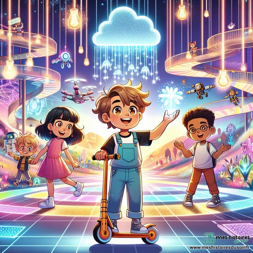 Dans un dôme futuriste en verre, trois enfants, Alex, Max et Léo, sont entourés de lumières scintillantes et de hologrammes colorés. Alex, avec des cheveux bruns et des yeux curieux, admire un robot jongleur. Max, portant une casquette à hélice, sourit en tenant un drone qui vole. Léo, avec des lunettes futuristes et des cheveux blonds tressés, observe un écran holographique affichant des étoiles et des planètes. Le dôme coloré dévoile des paysages de Technopolis avec des voitures volantes. Les enfants résolvent des énigmes pour sauver la galaxie d'une pluie d'astéroïdes, leurs visages illuminés par l'excitation et la détermination, tandis que des étoiles virtuelles brillent autour d'eux.