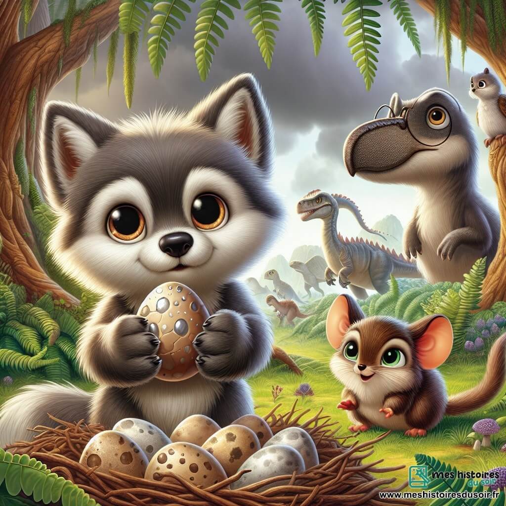 Un petit loup nommé Loulou, avec une fourrure grise et des yeux curieux, se tient au centre de l'image, les pattes levées, tenant un œuf brillant, affichant une expression d'excitation. À ses côtés, une petite souris souriante l'encourage, tandis qu'un hibou sage, perché sur une branche, observe la scène avec satisfaction. La scène se déroule dans une forêt préhistorique avec de grands arbres et des dinosaures en arrière-plan, créant une atmosphère magique. Des nuages sombres annoncent une tempête imminente, et un vent léger fait bouger les feuilles. Loulou et ses amis protègent un nid d'œufs de dinosaures des rafales de vent, unis dans leur mission héroïque.