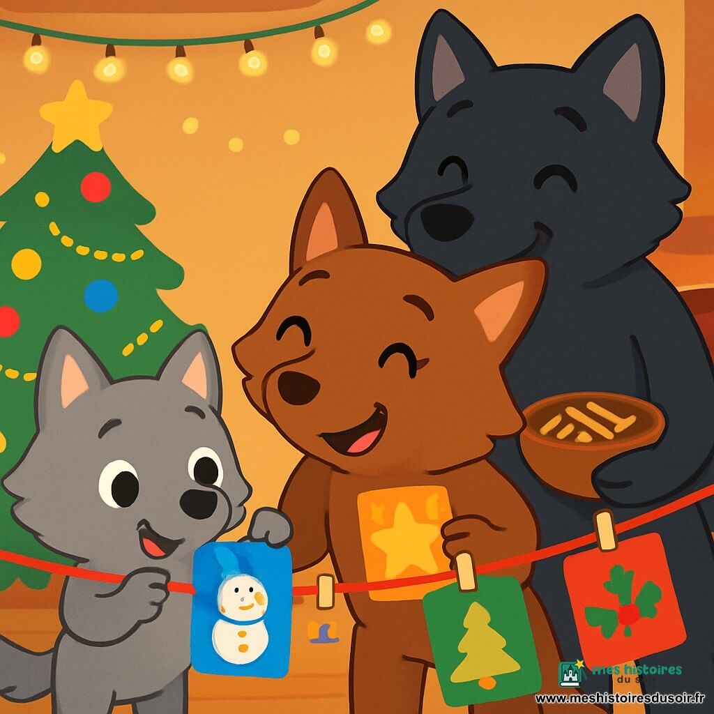 Un petit loup nommé Loulou, avec un pelage gris et des yeux curieux, accroche des cartes de Noël sur un ruban rouge. Il sourit en tenant une carte bleue avec un bonhomme de neige. À côté, Maman Louve, avec son pelage brun, sourit tendrement en tenant une carte scintillante, tandis que Papa Loup, grand et noir, rit doucement en tenant un bol de pinces en bois. La scène se déroule dans un salon douillet, décoré de guirlandes lumineuses, avec un sapin de Noël couvert de boules colorées et un feu crépitant dans la cheminée. Loulou et sa famille créent une belle décoration festive en accrochant des cartes de vœux.