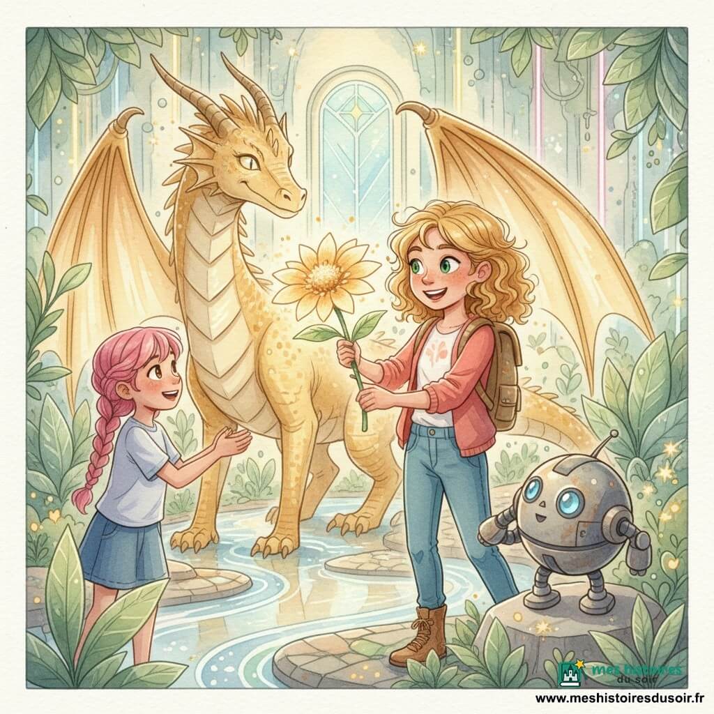 Camille, 8 ans, cheveux blonds bouclés, tient une grande fleur dorée lumineuse tandis que Lila, aussi âgée d’environ 8 ans avec des tresses roses, lui apporte son soutien à gauche; à droite, Chrono, petit robot rond aux yeux bleus, observe posé sur une pierre, et devant elles se tient calmement un grand dragon de lumière aux écailles dorées translucides; le tout dans un jardin secret futuriste aux plantes scintillantes et reflets néon, atmosphère paisible et magique, rendu aquarelle doux.