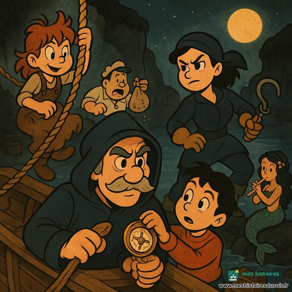 Le capitaine Marius, visage buriné, moustaches grises, tient fermement une vieille boussole en cuivre sur le pont d’un petit bateau, capuche relevée et manteau battant au vent ; à droite Marta, lieutenant d’environ 30 ans, regard d’acier, mains sur un grappin prête à bondir ; à gauche Lili, charpentière d’environ 25 ans, cheveux en bataille, tablier clouté, grimpe une corde, concentrée ; entre elles Saïd, jeune marin de 16 ans, tend les bras vers la boussole, anxieux mais résolu ; en arrière-plan Jonas, cuisinier d’environ 35 ans, tient un sac de haricots dont certains tombent, visage comique et préoccupé ; sur un rocher adjacent Noura, adolescente déguisée en sirène, cheveux ornés de coquillages, souffle une note à la flûte, visage bienveillant et mystérieux ; lieu : crique rocheuse nocturne nommée Grand Gouffre, falaise noire mouchetée de mousse, eau sombre aux reflets d’étoiles, brouillard léger sous une lune pâle, lanternes et coffres de pirates sur la plage ; situation : confrontation nocturne et ruse pour reprendre une boussole volée, scène dynamique aux silhouettes contrastées, cordages tendus et lueur chaude des lanternes sur le cuivre, tension héroïque sans violence graphique.