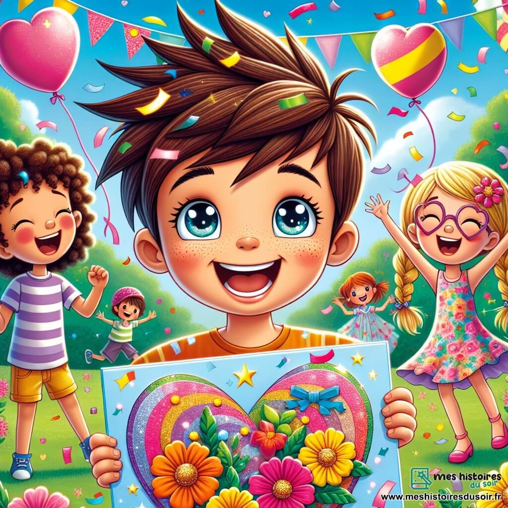 Léo, un garçon de 8 ans aux cheveux bruns en bataille et aux yeux pétillants, se tient au centre de l'image avec une grande carte en forme de cœur. Il sourit, entouré de confettis. À sa droite, Zoé, une fille de 8 ans aux cheveux blonds tressés et lunettes rondes, rit en tenant une carte brillante, vêtue d'une robe à fleurs colorées. À gauche, Maxence, un garçon de 8 ans aux cheveux châtains et lunettes de soleil sur le front, fait un geste de victoire avec un ballon en forme de cœur. Le décor est un parc ensoleillé, rempli de verdure, de fleurs et de ballons, où des enfants jouent, créant une ambiance festive. L'image illustre Léo et ses amis célébrant la Saint-Valentin, mettant en avant la joie de l’amitié et de la créativité.