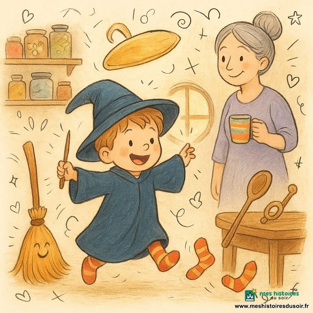 Milo, petit apprenti sorcier de 3 ans, joyeux et malicieux, porte une robe bleu nuit trop longue, des chaussettes rayées rouges et jaunes, tient une courte baguette en bois et un chapeau qui se transforme en petite casserole brillante; la sorcière Lulu, femme adulte souriante aux cheveux gris en chignon, tient une tasse colorée et se tient en arrière à droite en regardant Milo avec douceur; un balai en bois chante et danse au sol, une cuillère transformée en trompette repose sur la table et des chaussettes sautillent autour; la scène se déroule dans une cuisine-atelier chaleureuse avec des étagères de bocaux colorés, des cailloux scintillants, une boîte-peinture devenue petit théâtre vert et une fenêtre ronde laissant entrer une lumière dorée; Milo joue et transforme des objets, le chapeau bouge sur sa tête et les objets rient et dansent autour dans une ambiance magique, drôle et cosy.