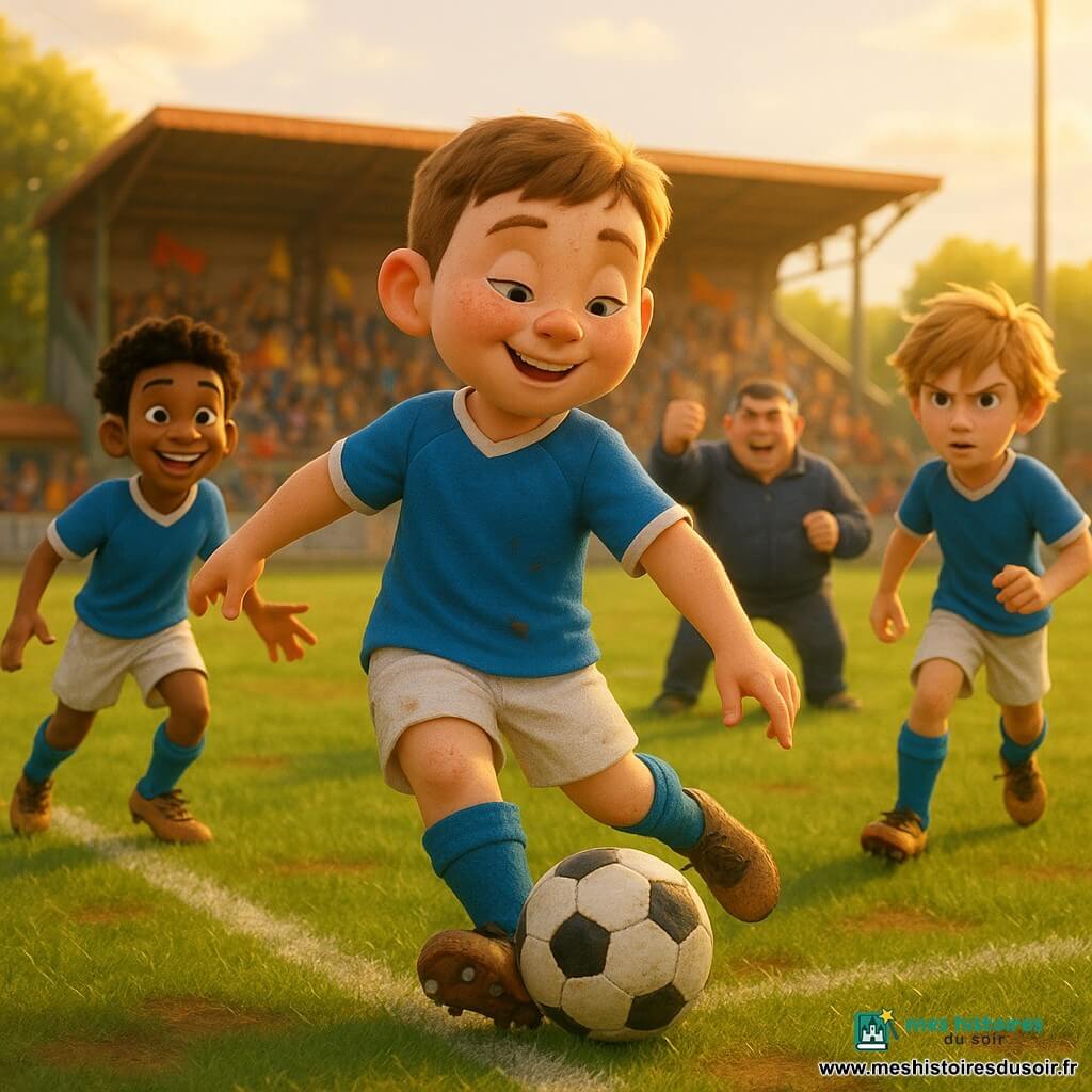 Noé, ~13 ans, visage rond avec quelques grains de beauté et cheveux châtain courts, en tenue de foot bleu et blanc légèrement boueuse, contrôle le ballon du pied droit et effectue une passe en retrait parfaite vers ses coéquipiers — Malik, ~13 ans, peau mate, cheveux noirs bouclés, à gauche bras ouverts prêt à recevoir à deux mètres, et Yanis, ~14 ans, blond en bataille, à droite prêt à attaquer le centre — tandis que le coach d'une quarantaine d'années, poivre et sel, poing levé, observe depuis la ligne de touche; petit stade vivant avec pelouse verdoyante et traces de boue, tribunes modestes colorées, lumière dorée de fin d’après-midi; ambiance de transition offensive, foule excitée, énergie collective et respect sportif; rendu 3D lumineux et chaleureux, couleurs saturées, textures réalistes et expressions faciales exagérées mais bienveillantes, composition dynamique centrée sur l’action du ballon.