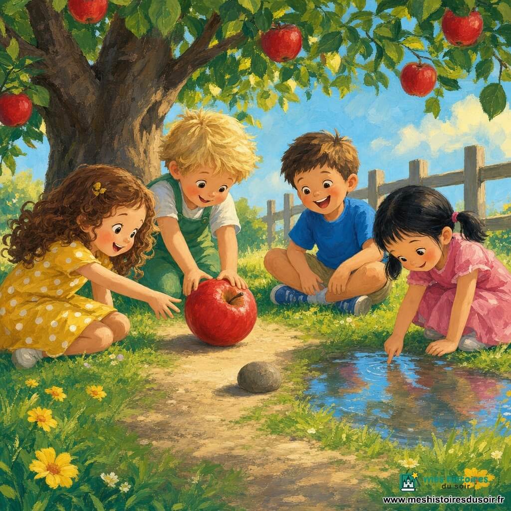 Quatre enfants forment un petit cercle sous un grand pommier aux feuilles épaisses et aux pommes rouges : Lila, 6 ans, cheveux bouclés châtain, robe jaune à pois blancs, assise à gauche et tend la main vers une pomme rouge ; Tom, 6 ans, cheveux courts bruns, t-shirt bleu, assis à droite, rit en regardant la pomme rouler ; Sam, 6 ans, cheveux blonds en bataille, salopette verte, derrière la pomme, la pousse doucement des deux mains ; Mia, 5 ans, cheveux noirs lisses en couette, robe rose, en avant près d’une petite flaque, tapote l’eau du doigt. Le sol est couvert d’herbe douce et de fleurs jaunes, une petite pierre ronde et une flaque réfléchissante sont près du chemin de terre, un rayon de soleil traverse les branches, arrière‑plan : clôture en bois clair et ciel bleu pâle. Scène colorée et lumineuse, gestes tendres et expressions joyeuses et concentrées, style peinture acrylique aux contours doux et textures visibles de pinceau.