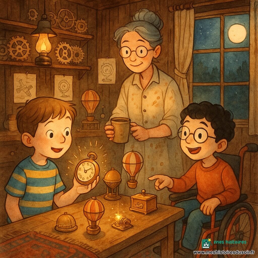 Trois personnages : Tom, 8 ans, cheveux châtain courts, t-shirt rayé bleu et jaune, tient une montre ancienne brillante dans la main droite et regarde émerveillé vers la table ; Léo, 8 ans, cheveux noirs bouclés, lunettes rondes, en fauteuil roulant manuel rouge, sourit et pointe une petite boîte à musique sur la table ; Madame Rivet, ~40 ans, cheveux gris en chignon, blouse beige tachée d’huile, lunettes fines, tend une tasse de chocolat chaud depuis derrière la table. Lieu : salon ancien transformé en atelier d'inventions — murs en bois foncé, tapis persan usé, étagères d’engrenages en laiton, lampes à huile suspendues, petites affiches d'inventions, grande fenêtre avec rideau en lin laissant filtrer la lune. Situation : les garçons découvrent émerveillés des modèles réduits de ballons et boîtes musicales en laiton posés sur une table en bois patiné ; la montre brille de reflets dorés, des étincelles graphiques autour d’un petit moteur, visages rieurs baignés d’une lumière ambrée. Style : doux, traits d’encre visibles, couleurs chaudes et textures papier.