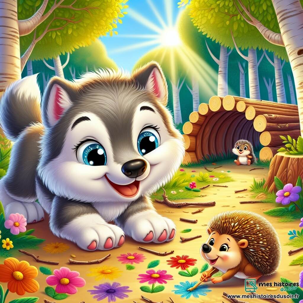 Léo, un petit loup au pelage gris et aux yeux curieux, a une patte arrière légèrement atrophiée mais sourit avec détermination en rampant dans un tunnel en bois, entouré de ses amis. À ses côtés, Margo, une hérissonne aux piquants dorés, dessine des fleurs colorées sur le sol et regarde Léo avec fierté. La scène se déroule dans une clairière ensoleillée, entourée d'arbres majestueux, où Léo et Margo participent à un parcours d'obstacles, célébrant l'amitié et la diversité dans une ambiance joyeuse.