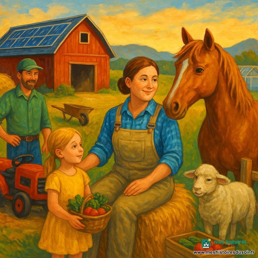 Femme agricultrice d'environ 35 ans, visage rond et souriant, cheveux châtain en chignon, vêtue d'une chemise à carreaux bleue et d'une salopette beige, assise sur une meule de foin et caressant la jument Cléo, grande alezane à la crinière flottante; à gauche, un voisin d'une quarantaine d'années, barbe courte et casquette verte, debout près d'un petit tracteur rouge, souriant vers la femme; devant elle, une fillette de six ans aux couettes blondes en robe jaune tenant un panier de légumes; un mouton blanc près d'une clôture en bois; cour de ferme au crépuscule avec grange rouge pourvue de panneaux solaires, tas de foin doré, brouette et caisses de légumes (tomates, courgettes), serre en verre floutée et collines verdoyantes au loin; ambiance paisible et communautaire après le travail, lumière dorée du soir, textures visibles (paille, bois, tissu); style peinture acrylique avec coups de pinceau apparents, palette chaude (ocre, rouge, vert, bleu doux) et traits nets pour les personnages.
