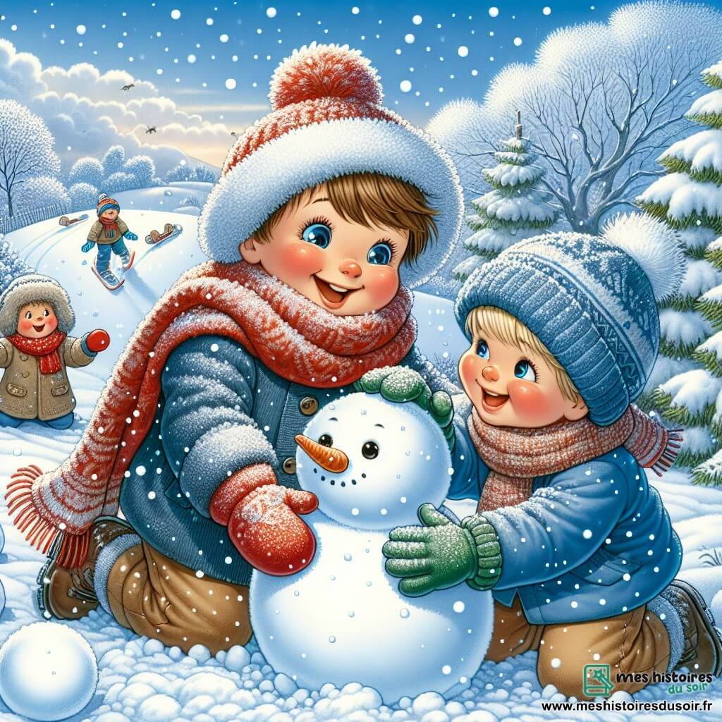 Dans un jardin enneigé, deux garçons, Tom et Hugo, construisent un bonhomme de neige. Tom, 7 ans, a des cheveux bruns et porte une écharpe rouge et un manteau bleu. Hugo, 6 ans, a des cheveux blonds, un bonnet bleu et des gants verts. Le jardin est couvert de neige scintillante, avec des arbres chargés de neige et un ciel bleu clair. Les deux amis rient et s'amusent en créant un bonhomme de neige aux yeux en charbon et à la carotte pour nez, symbolisant la magie de l'hiver.