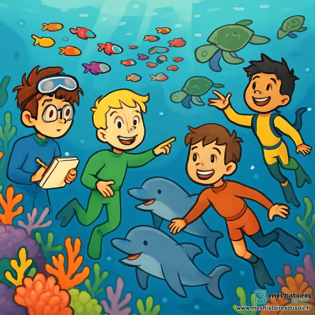 Quatre enfants explorent un récif corallien coloré. Antoine, 12 ans, avec des cheveux bruns et des lunettes de plongée, observe les coraux en prenant des notes. Paul, 12 ans, aux cheveux blonds, sourit en montrant un banc de poissons multicolores. Lucas, 11 ans, avec des cheveux châtains et une prothèse de jambe, nage avec des dauphins curieux. Émile, 12 ans, aux cheveux noirs, rit en faisant des gestes vers des tortues marines. L'atmosphère est magique avec des coraux en fleurs, des poissons éclatants et des rayons de lumière filtrant à travers l'eau cristalline. Les enfants sont émerveillés par la beauté des créatures marines et l'énergie des dauphins qui jouent autour d'eux.