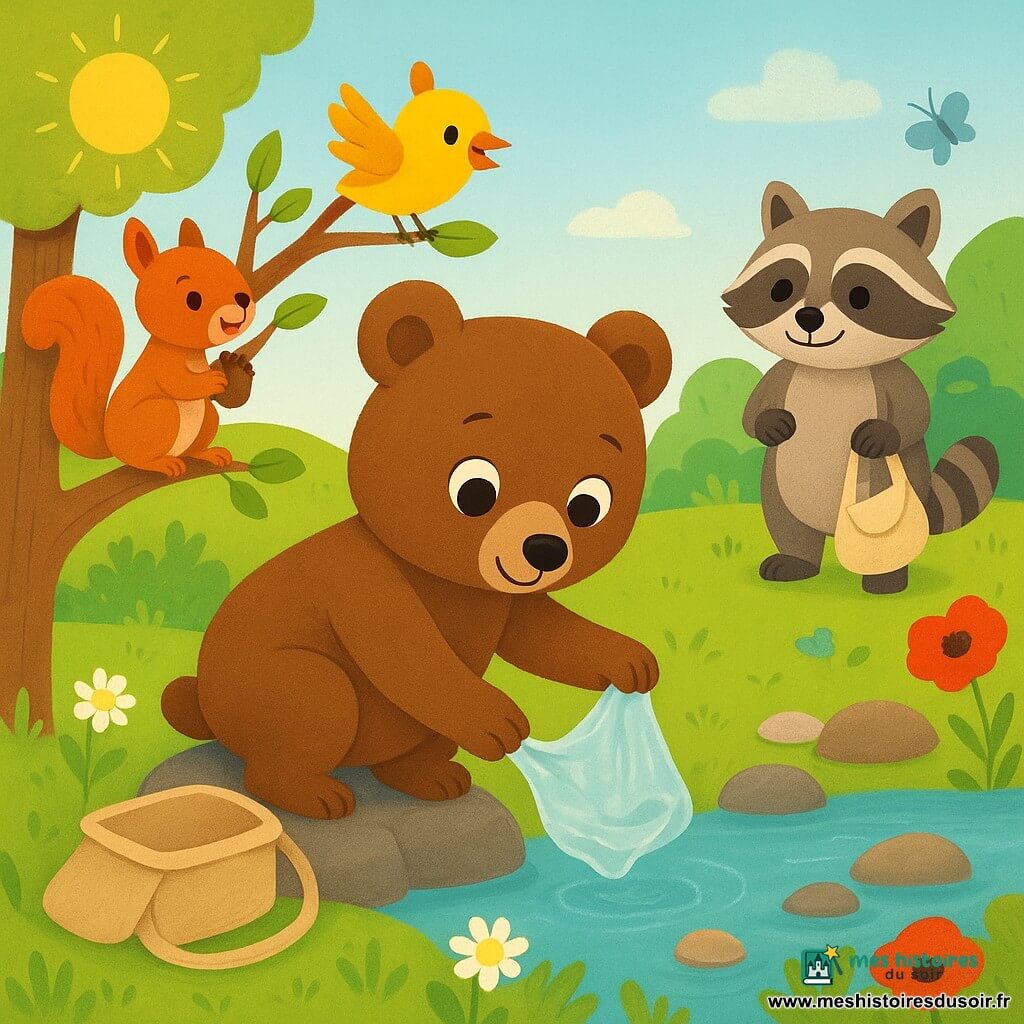 Un petit ours brun doux et déterminé, pelage rond et grands yeux, agenouillé sur une pierre près de l'eau, attrape délicatement un sachet plastique et le place dans sa petite besace en toile ouverte à côté de lui; un oiseau jaune vif perché sur un tronc proche, ailes mi-ouvertes, l'encourage; un écureuil roux espiègle accroché à une branche basse à gauche de l'ours tient une noix et applaudit; en arrière-plan à droite, un voisin raton laveur souriant tient un sac en tissu près d'une poubelle en métal, prêt à aider; la rivière claire reflète le ciel bleu, des pierres rondes, des fleurs colorées (marguerites blanches, coquelicots rouges), herbe verte, quelques papillons et un soleil doux en haut à gauche; ambiance chaleureuse et simple montrant l'action d'écologie — l'ours ramasse le sachet pendant que ses amis l'encouragent, couleurs saturées, formes douces, composition centrée et lisible pour tout-petits.