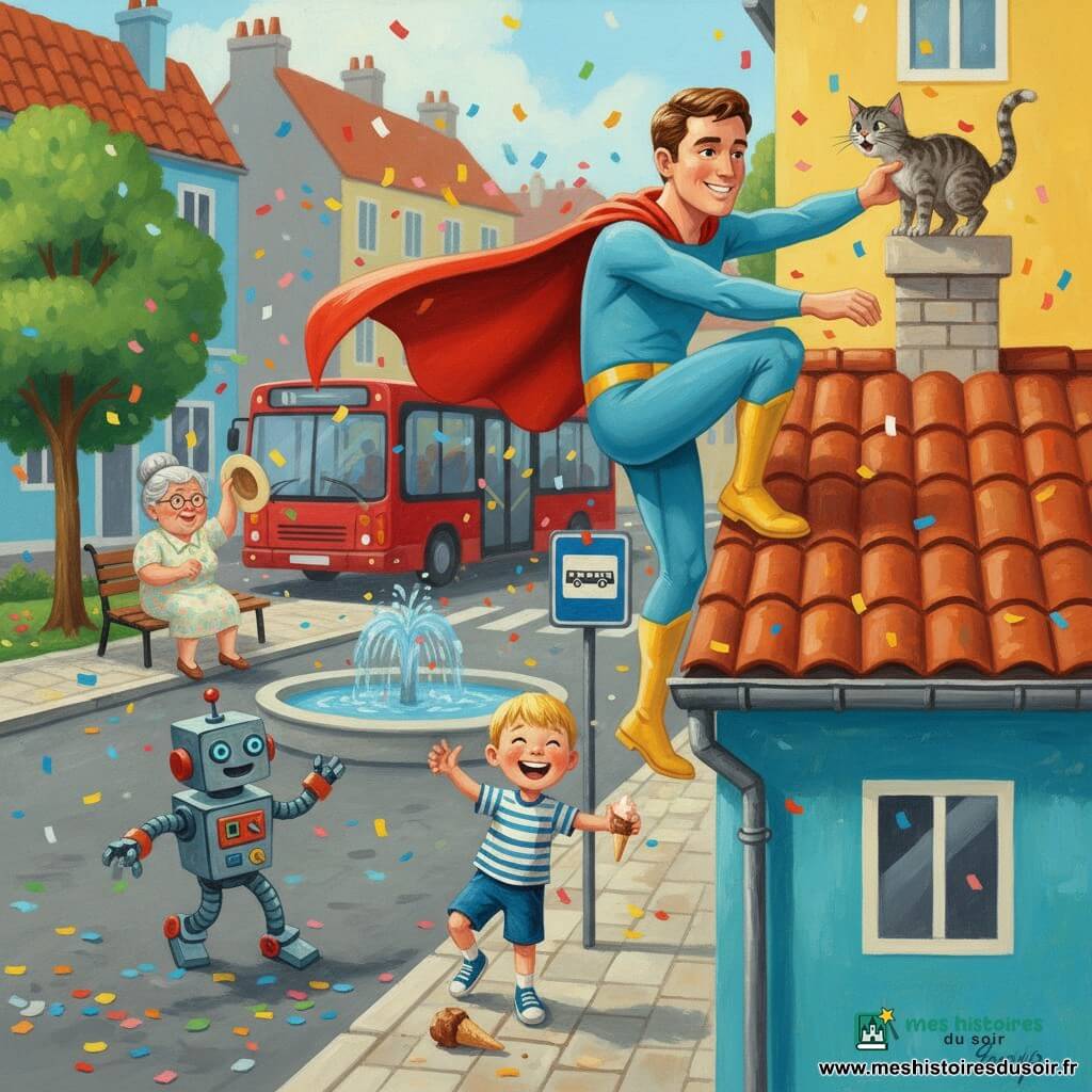 Monsieur Pop, super-héros souriant en cape rouge et costume bleu, grimpe sur un toit en tuiles pour attraper un chat gris tigré tandis qu'en bas un garçon de 5 ans tenant une glace tombée, une dame âgée souriante récupérant son chapeau et un robot enfantin dansent et applaudissent dans une rue colorée bordant un petit parc avec façades jaunes et bleues, arbres ronds, trottoir pavé et un bus rouge en arrière-plan, ambiance joyeuse et sécurisante.