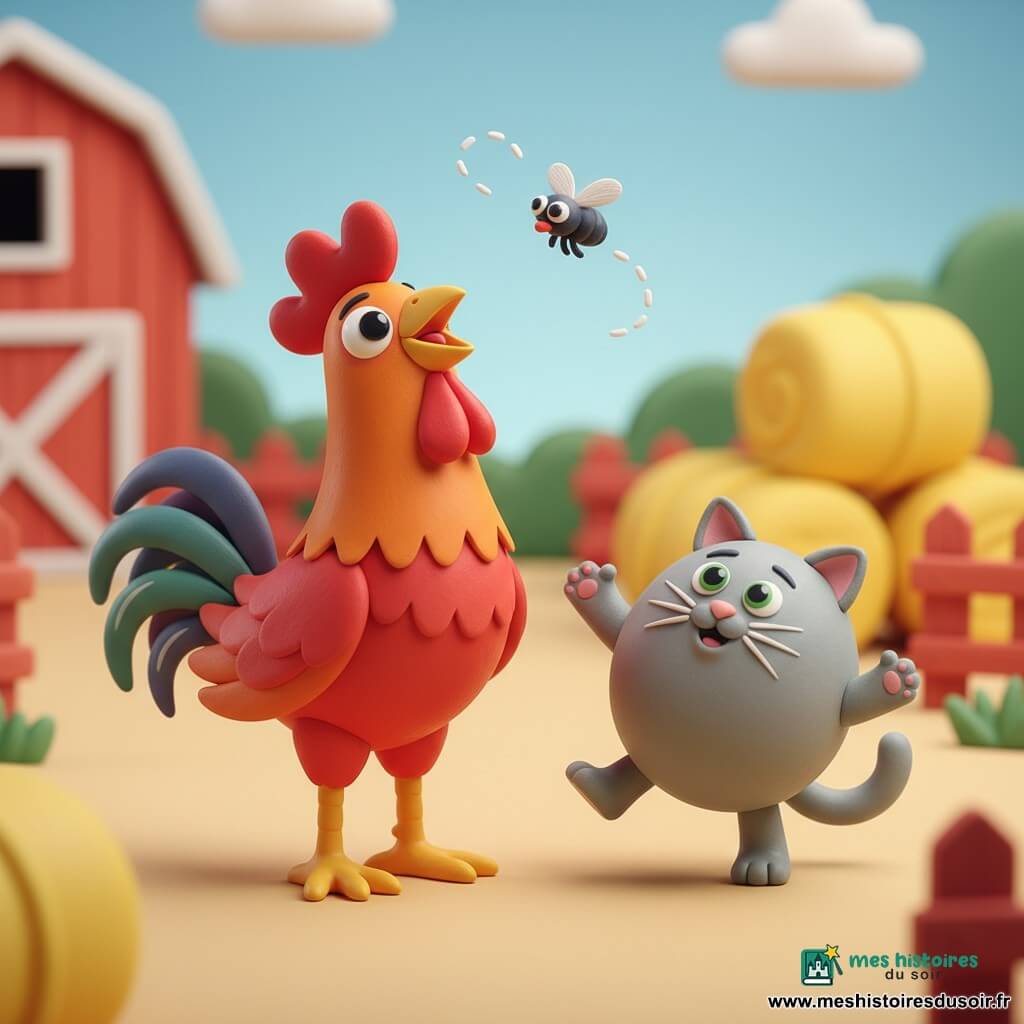 Un coq coloré (plumes rouge vif, crête orange, pattes jaunes) au regard joyeux et fier chante « cocorico » la tête haute tandis que le chat Pacha (pelage gris doux, yeux verts, silhouette ronde) rit et danse sur ses pattes arrière à côté, une petite mouche noire tourne au-dessus ; la scène se déroule dans une cour de ferme ensoleillée (sol en terre claire, bottes de foin jaunes, barrière en bois rouge et grange rouge-orange), tout est chaleureux et coloré.