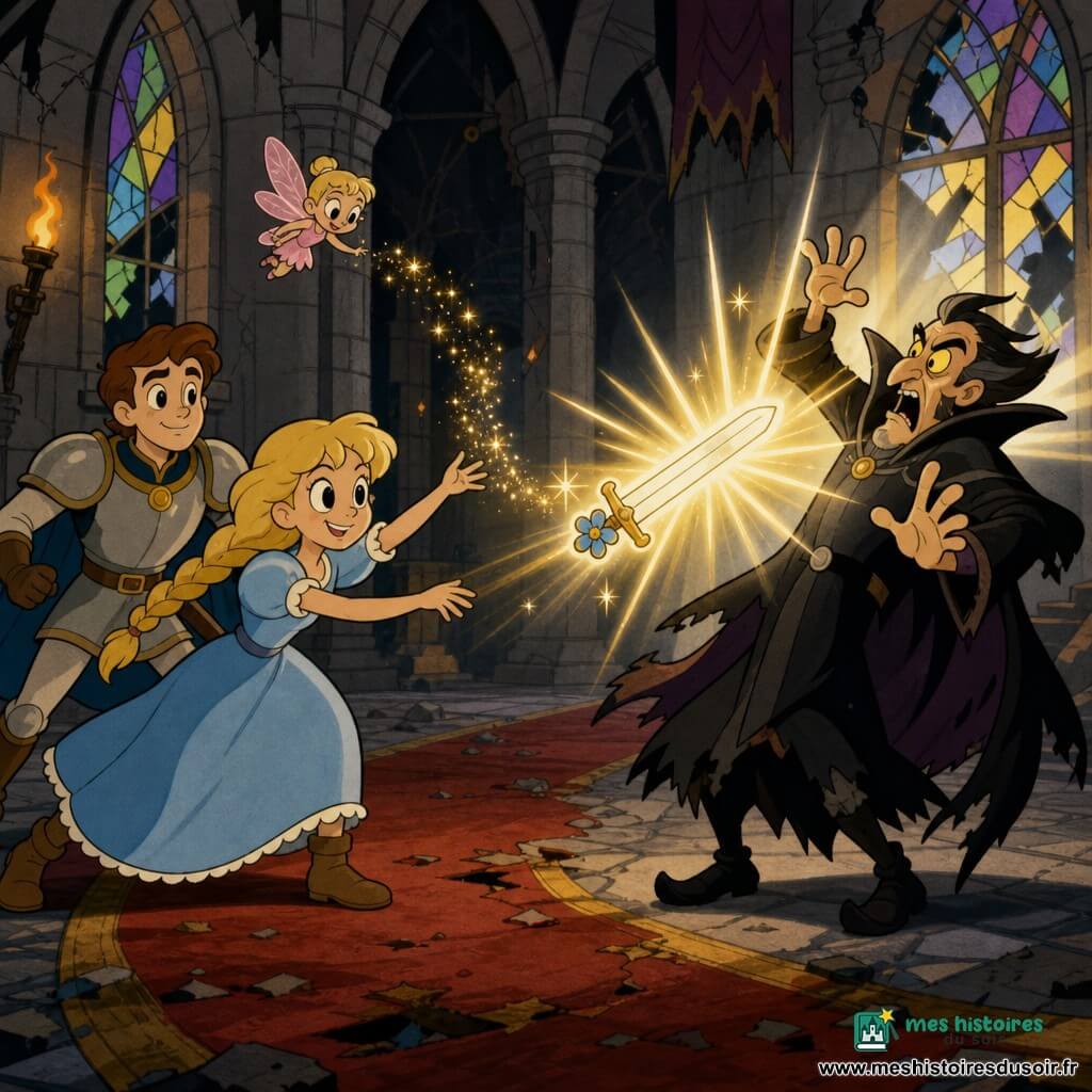 Princesse d’environ 12 ans au sourire déterminé et aux cheveux blonds en tresse, robe bleu ciel simple et bottines en cuir, lance une petite fleur lumineuse qui se transforme en épée scintillante ; prince d’environ 16 ans aux cheveux châtains courts en armure légère, soulagé mais attentif, se tient derrière prêt à aider ; sorcier d’environ 45 ans au visage anguleux, cape noire déchirée et yeux jaunes menace, recule en levant les mains, aveuglé par la lumière ; petite fée d’un pouce, ailes translucides roses, souriante près de la princesse et laissant tomber des étincelles dorées ; lieu : grande salle de château sombre aux murs de pierre grise, torches, tapis rouge usé et vitraux cassés filtrant des rayons ; situation : moment de victoire lumineuse avec l’épée-fleur jaillissant en traits de lumière jaune et blanche, explosions d’étincelles et expressions triomphantes contrastant avec l’ombre du sorcier.