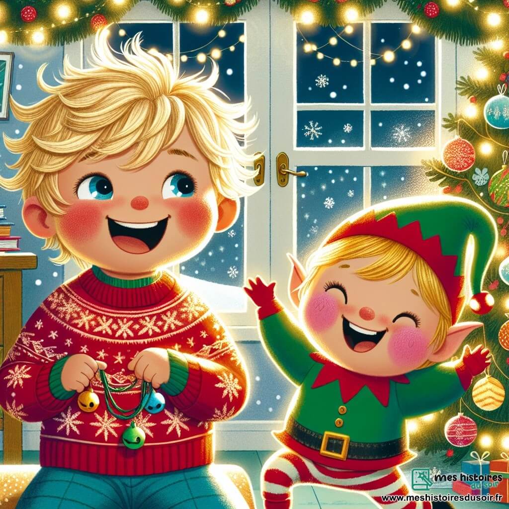 Un petit garçon de 2 ans, avec des cheveux blonds en bataille et des yeux pétillants, sourit en tenant une guirlande colorée. Il porte un pull rouge avec des flocons de neige et un pantalon bleu. À côté de lui, un lutin farceur avec un bonnet vert et des joues roses saute joyeusement en tenant une cloche. La scène se déroule dans un salon chaleureux, décoré de guirlandes scintillantes et d'un grand sapin illuminé. Des flocons de neige tombent doucement à l'extérieur, ajoutant une touche magique. Le garçon et le lutin rient ensemble, le lutin lançant une guirlande qui tombe sur la tête du garçon, le faisant rire encore plus.
