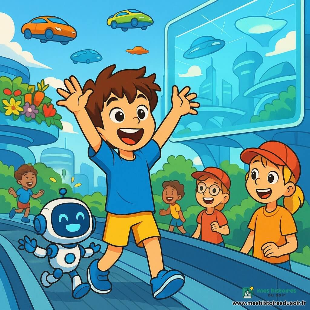 Un garçon de 10 ans, Léo, avec des cheveux bruns en bataille et des yeux curieux, se tient sur un trottoir roulant. Il porte un t-shirt bleu vif et un short jaune, affichant une joie débordante. À ses côtés, son robot, Pixel, fait des pirouettes. En arrière-plan, des voitures volantes colorées glissent dans le ciel bleu, tandis que des jardins suspendus avec des fleurs lumineuses et des légumes multicolores décorent les toits futuristes. L’ambiance est joyeuse, avec des enfants riant et jouant. Léo, émerveillé, lève les bras vers un grand écran holographique affichant des images de la cité, entouré de ses amis, une fille aux cheveux blonds et un garçon aux lunettes rondes, qui l'observent avec des sourires enthousiastes.
